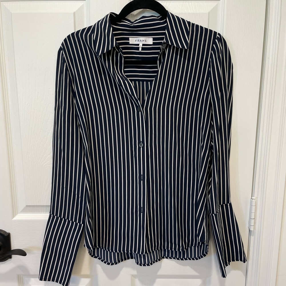 FRAME The Standard Silk Shirt in Navy Stripe